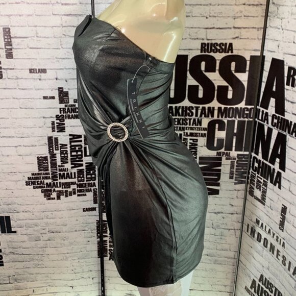 Trixxi Gray Metallic Faux Wrap Strapless Dress - Picture 5 of 6